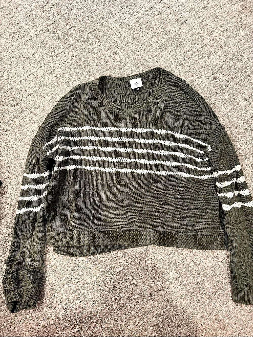 Cabi Scout Pullover Striped Crewneck Sweater Green & White Small